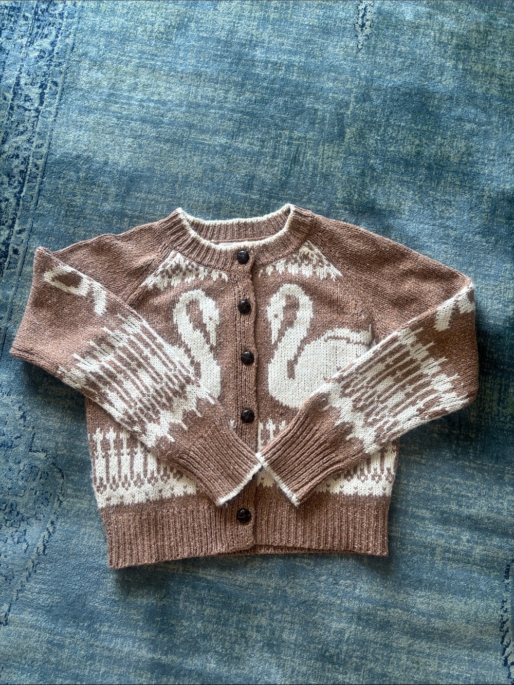 Blu Pepper light Brown and Cream Knit double swan Cardigan with leather buttons